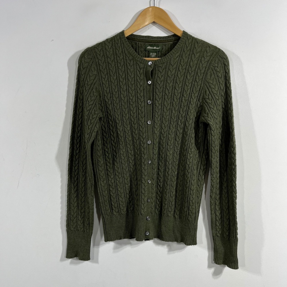 Eddie Bauer VTG Fisherman Cable Knit Cashmere Angora Cardigan Sweater Womens Med